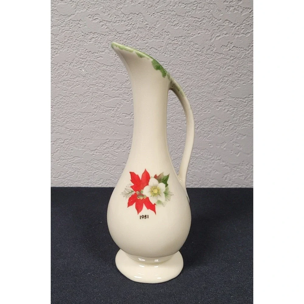Vintage 1981 Christmas Poinsettia Porcelain Pitcher Bud Vase Paden City Artware